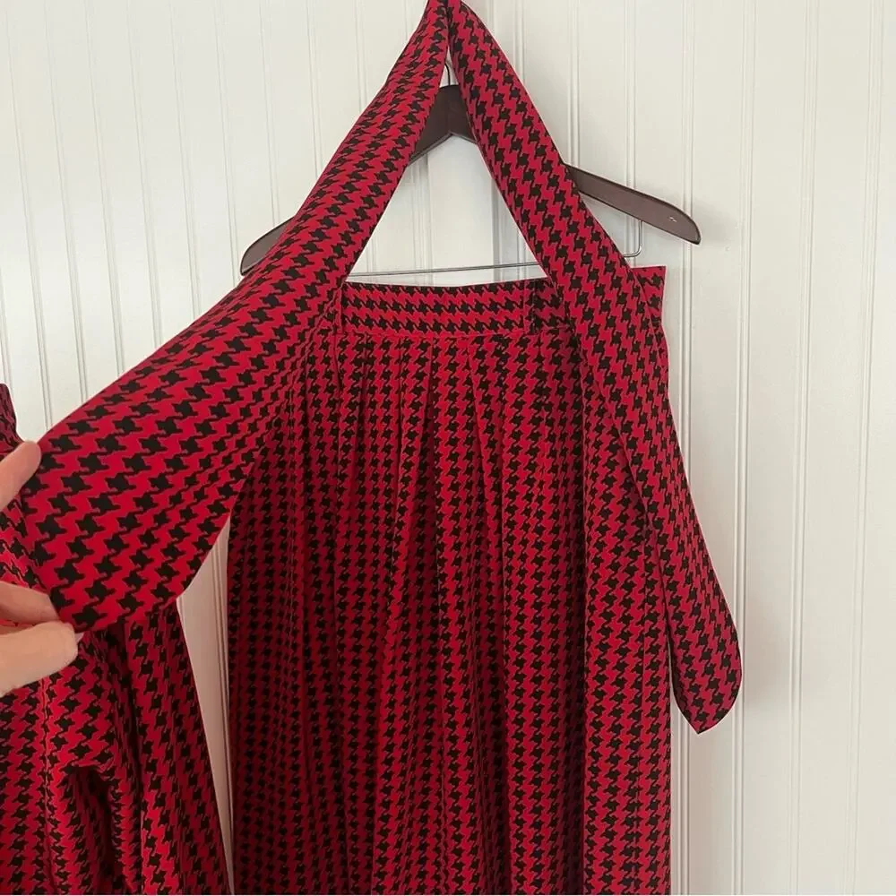 Vintage 80s 90s Red and Black Matching Top Skirt and Scarf Bow Tie Neck Size 12